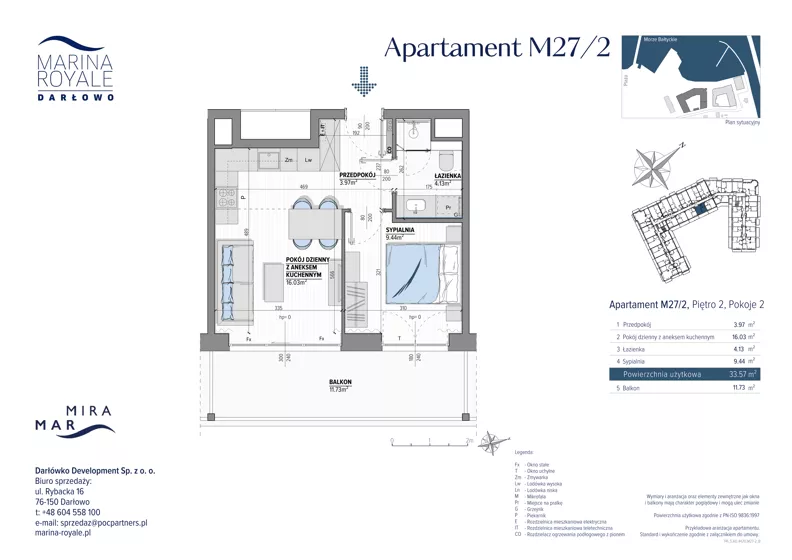 2 pokoje, lokal inwestycyjny 33,57 m², piętro 2, oferta nr M27/2, Marina Royale, Darłowo, ul. Bulwar Zachodzącego Słońca 1