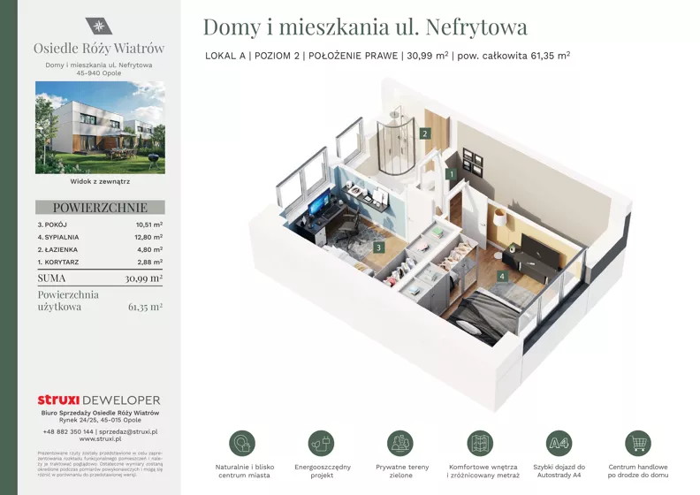 3 pokoje, mieszkanie 61,29 m², parter, oferta nr BNf1_16_AP, Osiedle Róży Wiatrów, Opole, Chmielowice, ul. Nefrytowa / Onyksowa / Śliczna