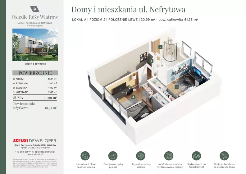 3 pokoje, mieszkanie 61,29 m², parter, oferta nr BNf1_16_AL, Osiedle Róży Wiatrów, Opole, Chmielowice, ul. Nefrytowa / Onyksowa / Śliczna