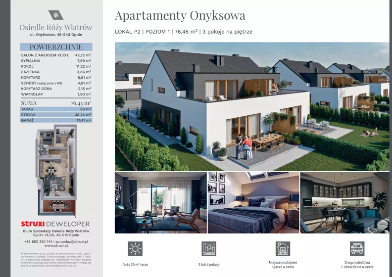 3 pokoje, mieszkanie 76,45 m², piętro 1, oferta nr Ap78P2, Osiedle Róży Wiatrów, Opole, Chmielowice, ul. Nefrytowa / Onyksowa / Śliczna