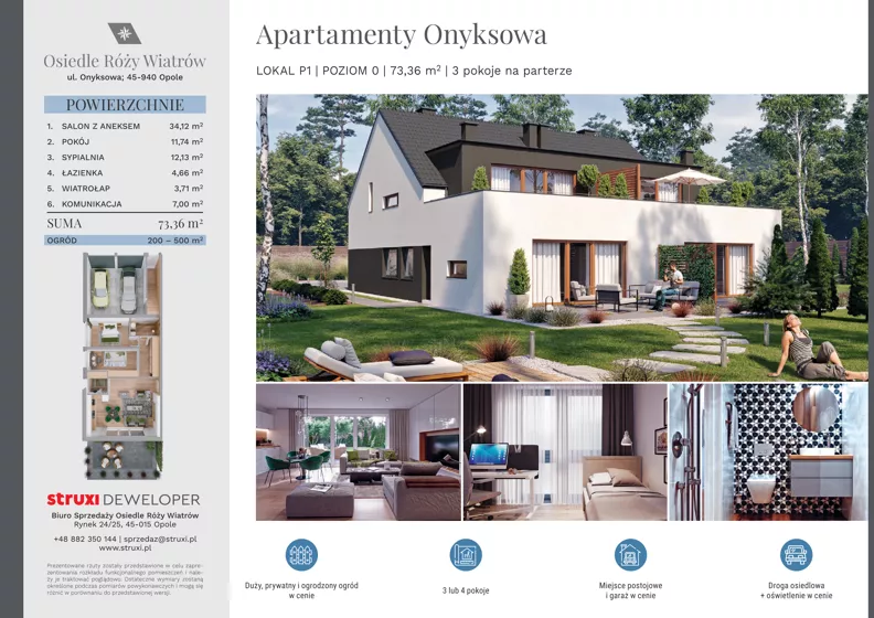 3 pokoje, mieszkanie 73,34 m², parter, oferta nr Ap78P1, Osiedle Róży Wiatrów, Opole, Chmielowice, ul. Nefrytowa / Onyksowa / Śliczna
