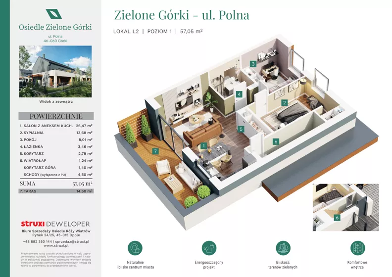 3 pokoje, mieszkanie 57,05 m², piętro 1, oferta nr ZGP05L2, Osiedle Zielone Górki, Górki, ul. Polna