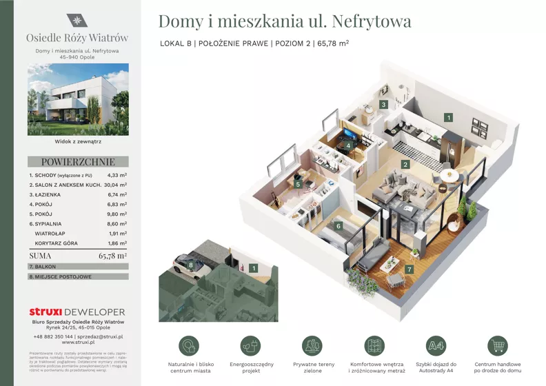 4 pokoje, mieszkanie 65,78 m², piętro 1, oferta nr BNf1_13_B2, Osiedle Róży Wiatrów, Opole, Chmielowice, ul. Nefrytowa / Onyksowa / Śliczna