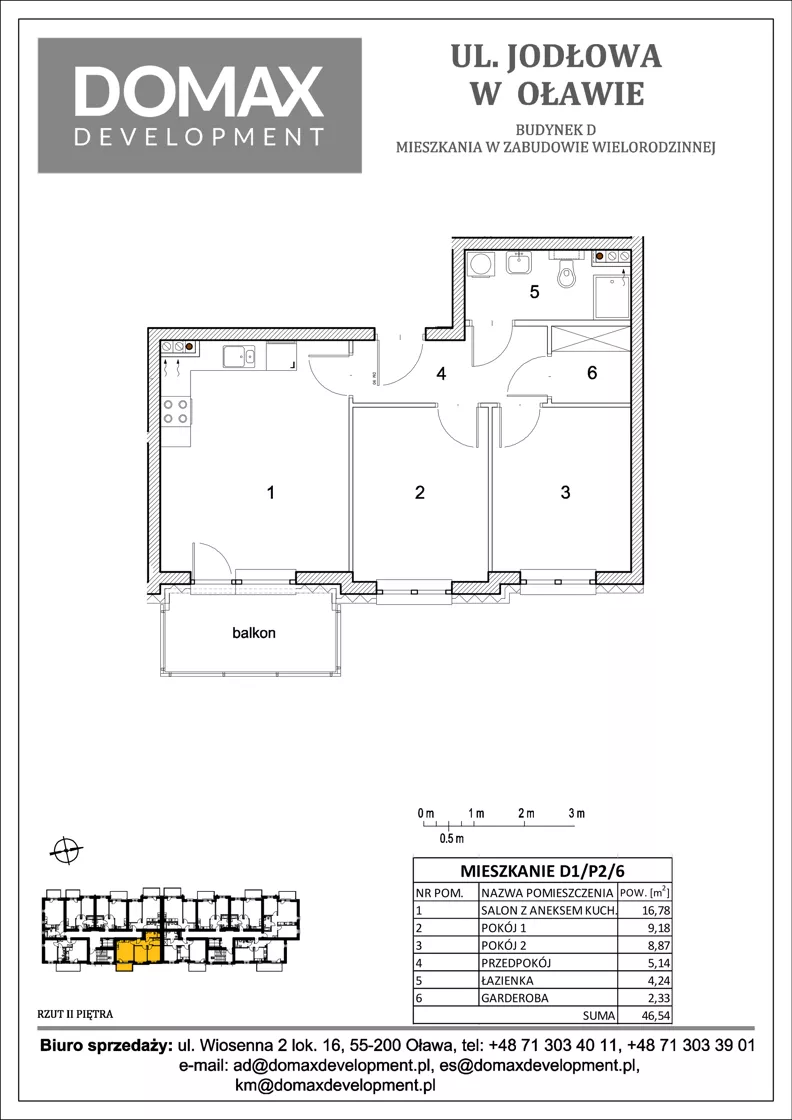 3 pokoje, mieszkanie 46,54 m², piętro 2, oferta nr D1/P2/6, Osiedle Jodłowa etap II, Oława, ul. Jodłowa