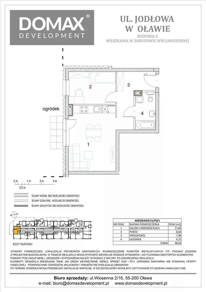 2 pokoje, mieszkanie 38,62 m², parter, oferta nr E1/P0/1, Osiedle Jodłowa etap III budynek E, Oława, ul. Jodłowa 42-44