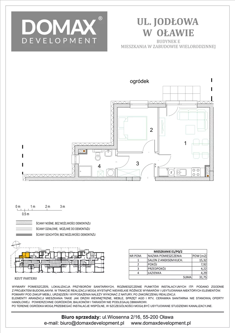 2 pokoje, mieszkanie 31,75 m², parter, oferta nr E1/P0/2, Osiedle Jodłowa etap III budynek E, Oława, ul. Jodłowa 42-44