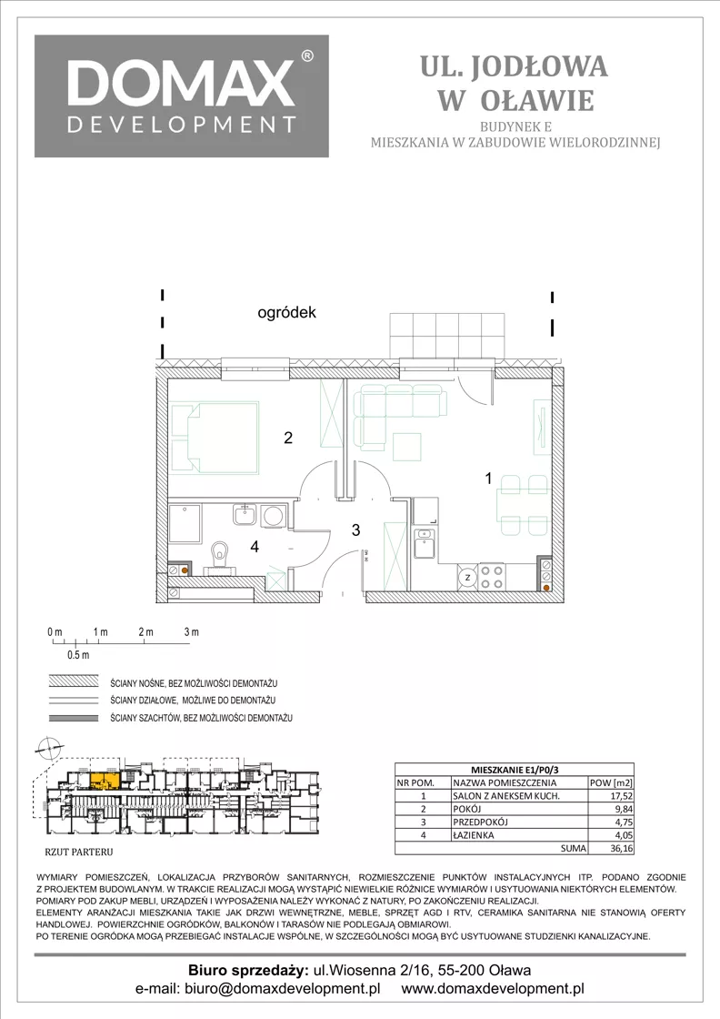 2 pokoje, mieszkanie 36,16 m², parter, oferta nr E1/P0/3, Osiedle Jodłowa etap III budynek E, Oława, ul. Jodłowa 42-44