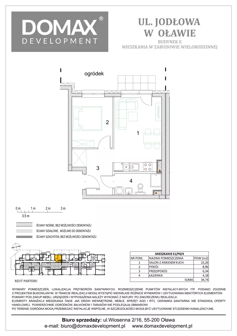 2 pokoje, mieszkanie 34,74 m², parter, oferta nr E1/P0/4, Osiedle Jodłowa etap III budynek E, Oława, ul. Jodłowa 42-44