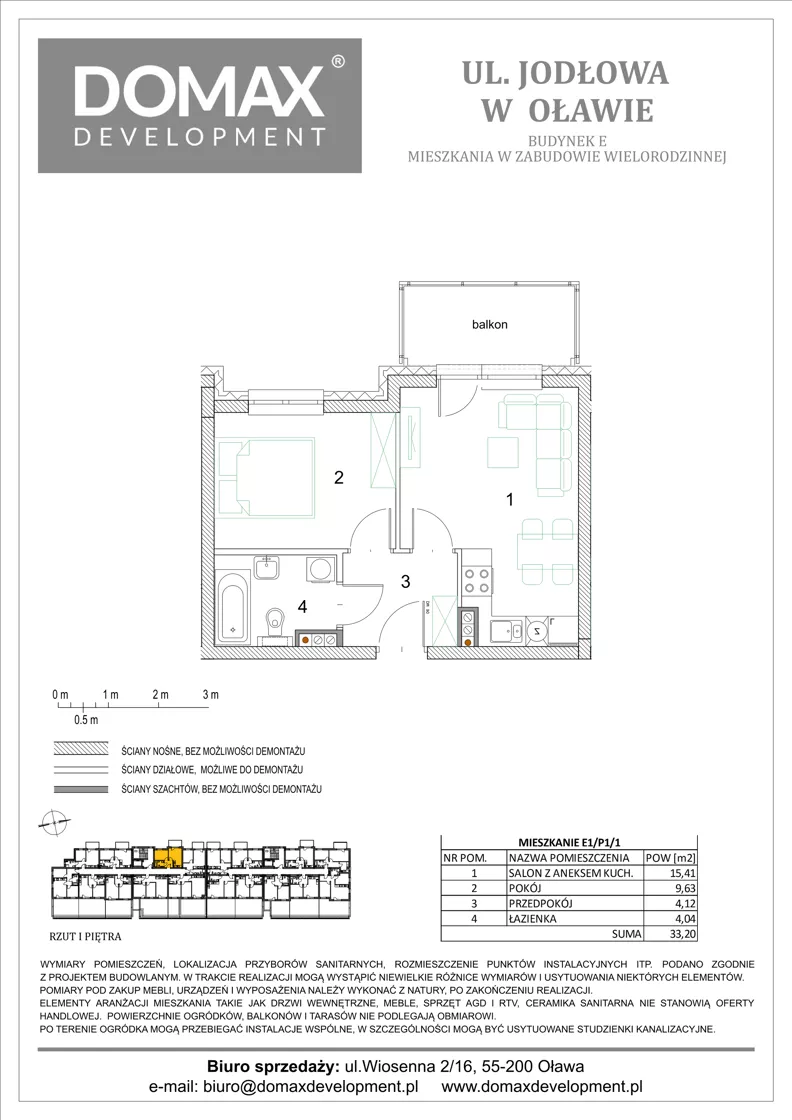 2 pokoje, mieszkanie 33,20 m², piętro 1, oferta nr E1/P1/1, Osiedle Jodłowa etap III budynek E, Oława, ul. Jodłowa 42-44