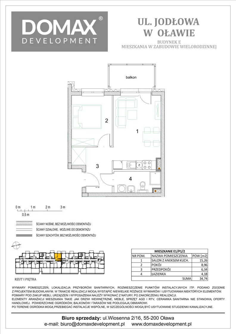 2 pokoje, mieszkanie 34,74 m², piętro 1, oferta nr E1/P1/2, Osiedle Jodłowa etap III budynek E, Oława, ul. Jodłowa 42-44