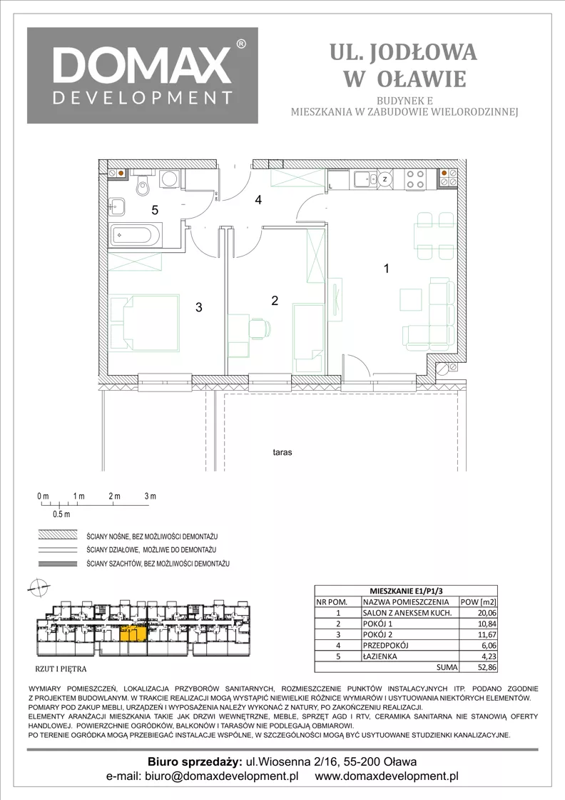 3 pokoje, mieszkanie 52,86 m², piętro 1, oferta nr E1/P1/3, Osiedle Jodłowa etap III budynek E, Oława, ul. Jodłowa 42-44