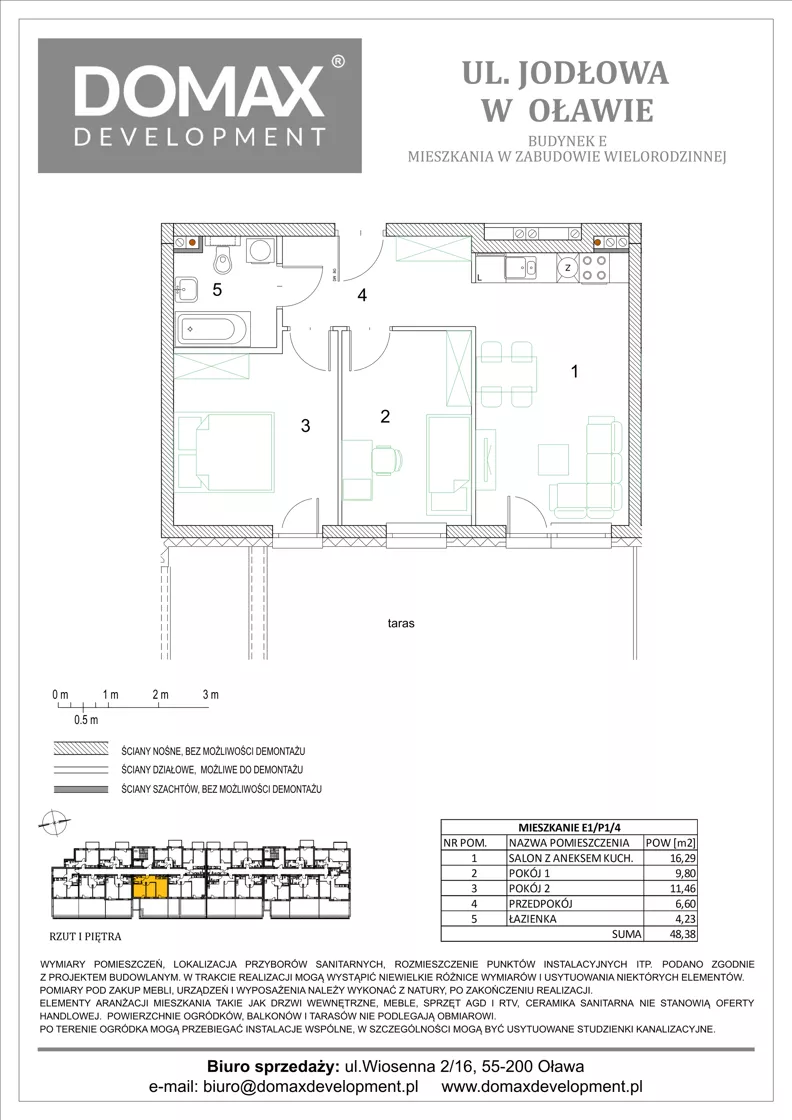 3 pokoje, mieszkanie 48,38 m², piętro 1, oferta nr E1/P1/4, Osiedle Jodłowa etap III budynek E, Oława, ul. Jodłowa 42-44