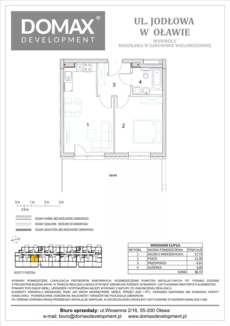 2 pokoje, mieszkanie 38,72 m², piętro 1, oferta nr E1/P1/5, Osiedle Jodłowa etap III budynek E, Oława, ul. Jodłowa 42-44