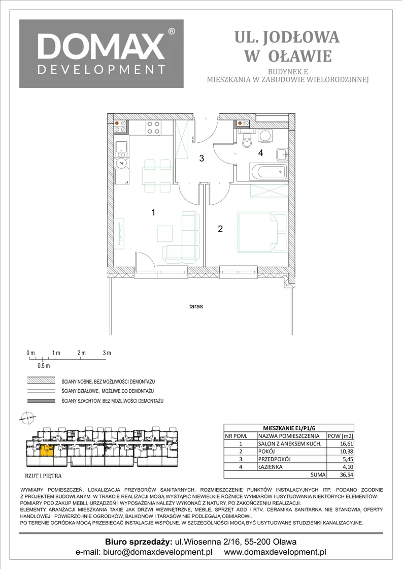 2 pokoje, mieszkanie 36,54 m², piętro 1, oferta nr E1/P1/6, Osiedle Jodłowa etap III budynek E, Oława, ul. Jodłowa 42-44