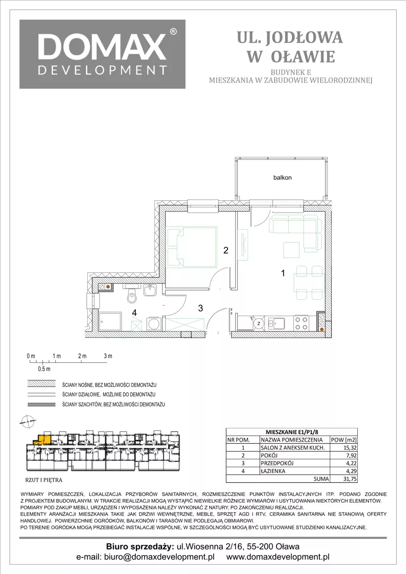2 pokoje, mieszkanie 31,75 m², piętro 1, oferta nr E1/P1/8, Osiedle Jodłowa etap III budynek E, Oława, ul. Jodłowa 42-44