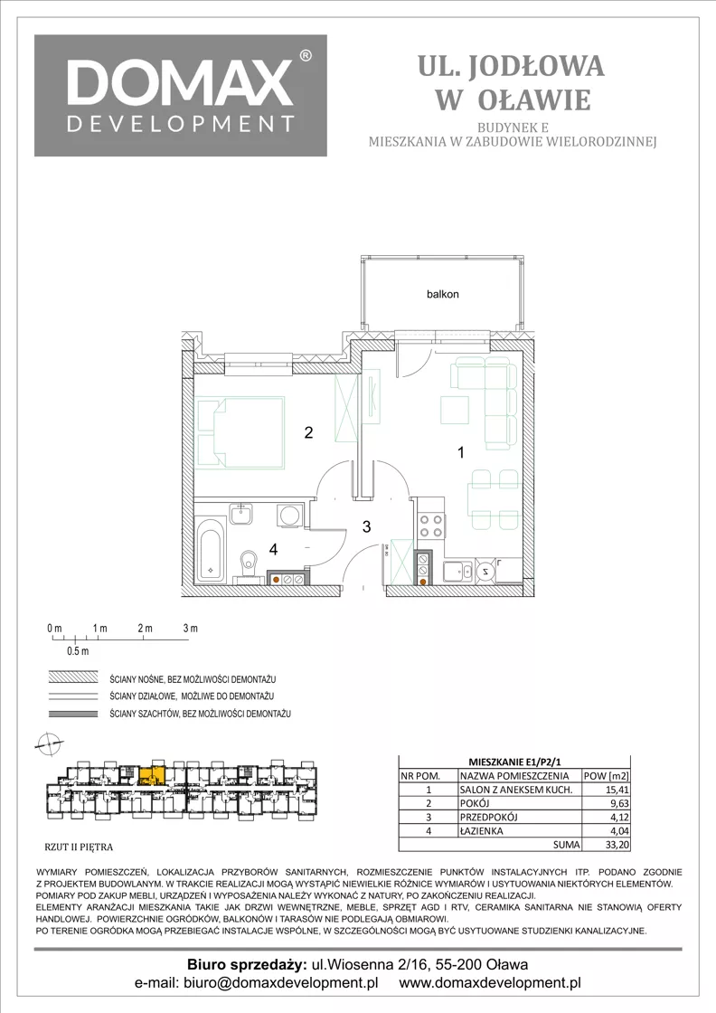 2 pokoje, mieszkanie 33,20 m², piętro 2, oferta nr E1/P2/1, Osiedle Jodłowa etap III budynek E, Oława, ul. Jodłowa 42-44