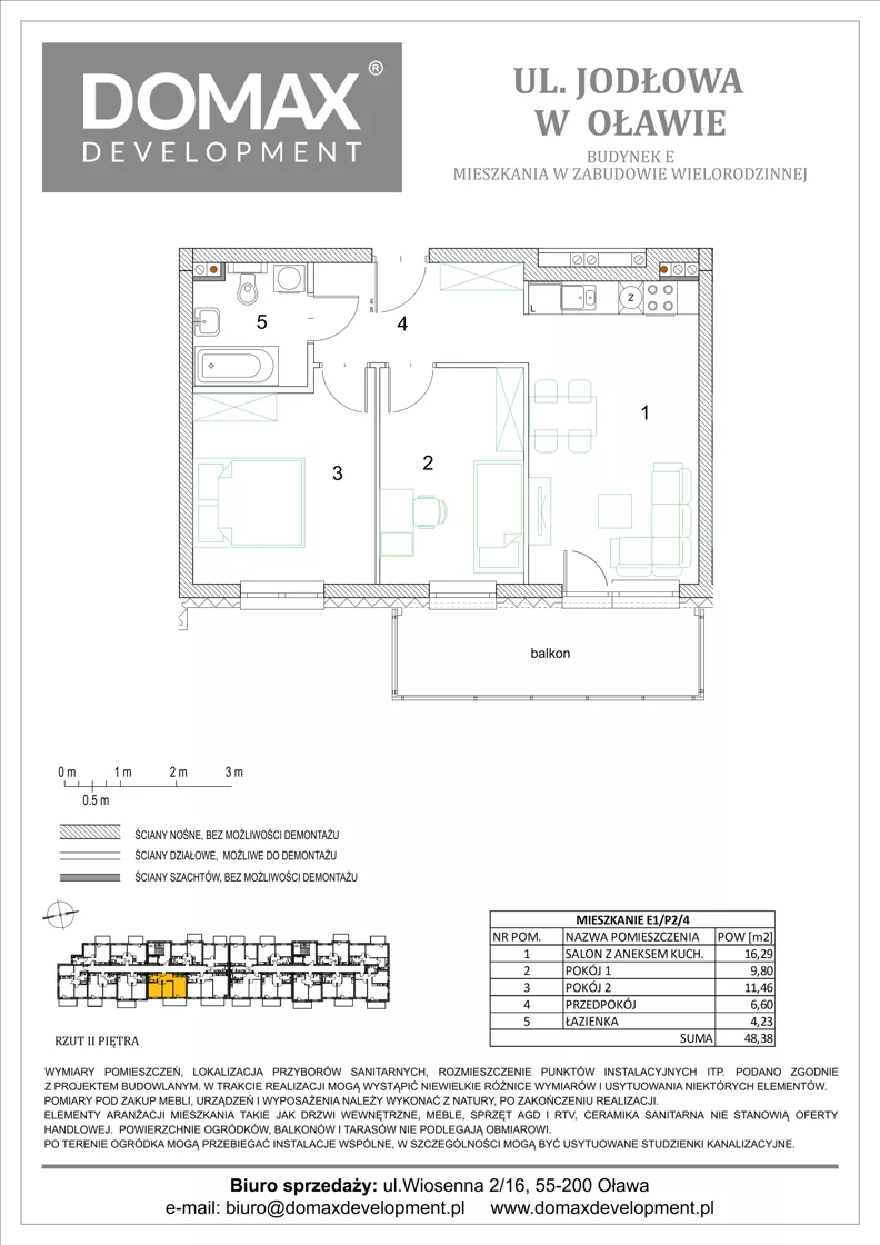 3 pokoje, mieszkanie 48,38 m², piętro 2, oferta nr E1/P2/4, Osiedle Jodłowa etap III budynek E, Oława, ul. Jodłowa 42-44