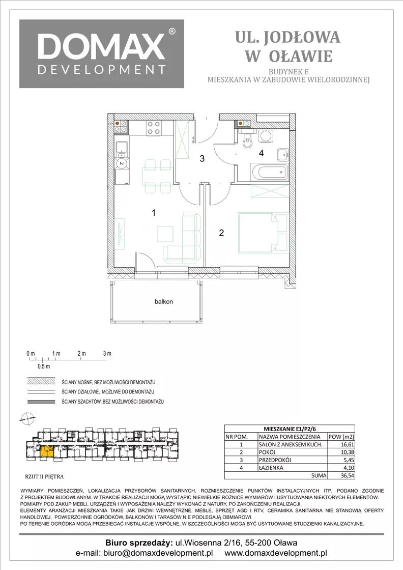 2 pokoje, mieszkanie 36,54 m², piętro 2, oferta nr E1/P2/6, Osiedle Jodłowa etap III budynek E, Oława, ul. Jodłowa 42-44