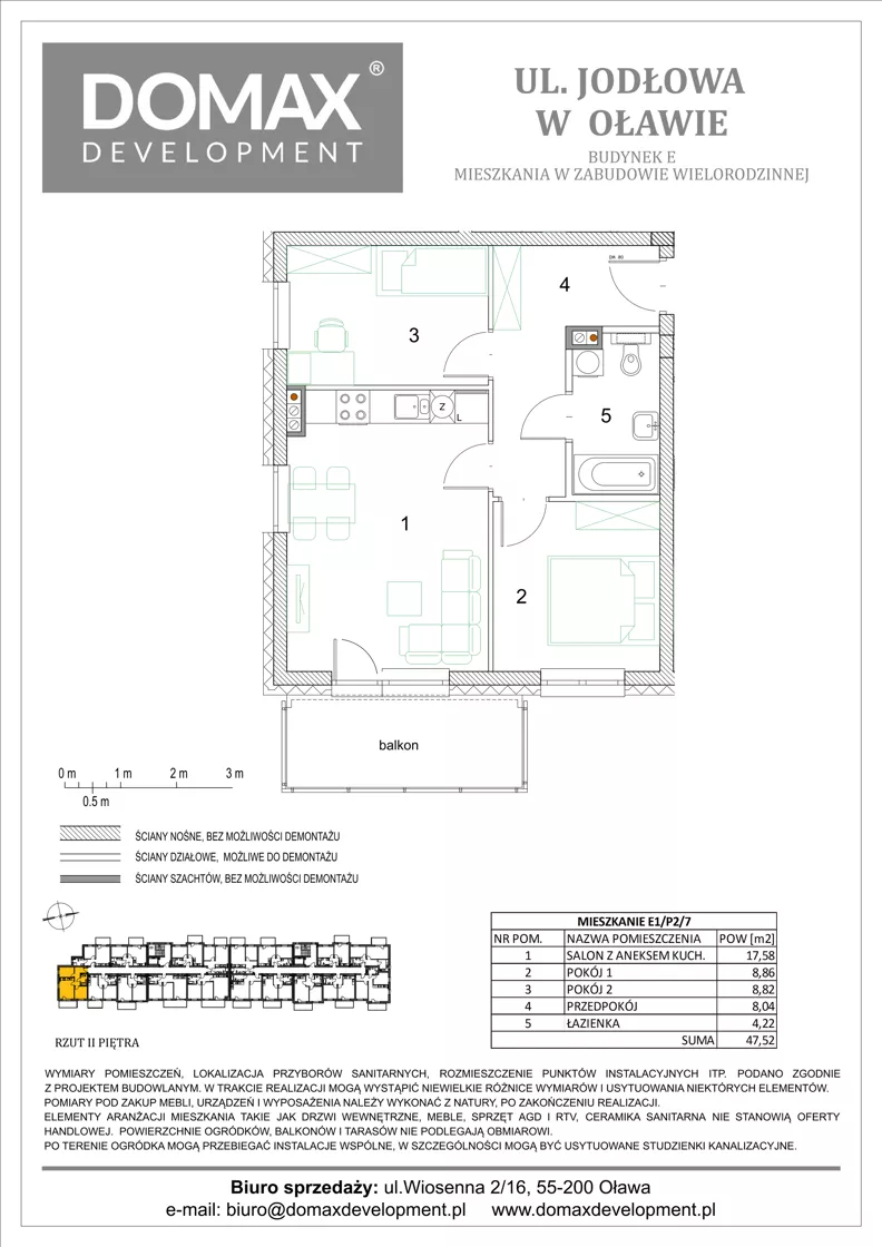 3 pokoje, mieszkanie 47,52 m², piętro 2, oferta nr E1/P2/7, Osiedle Jodłowa etap III budynek E, Oława, ul. Jodłowa 42-44