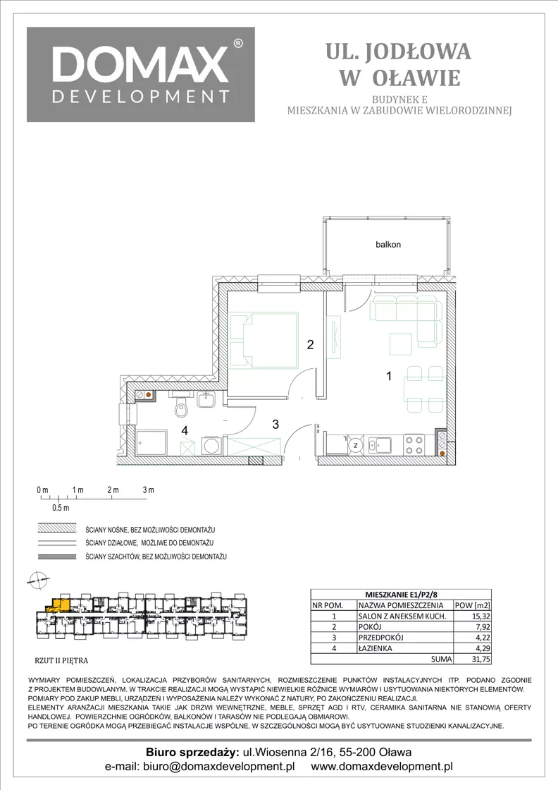 2 pokoje, mieszkanie 31,75 m², piętro 2, oferta nr E1/P2/8, Osiedle Jodłowa etap III budynek E, Oława, ul. Jodłowa 42-44