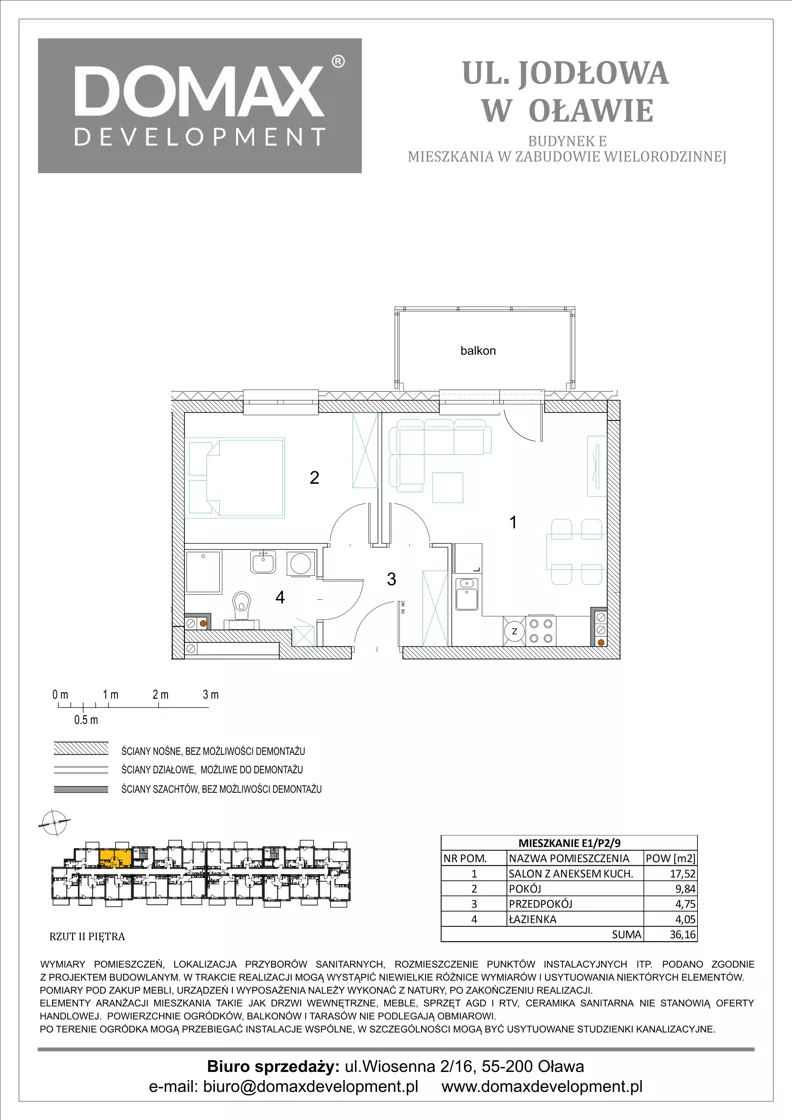 2 pokoje, mieszkanie 36,16 m², piętro 2, oferta nr E1/P2/9, Osiedle Jodłowa etap III budynek E, Oława, ul. Jodłowa 42-44