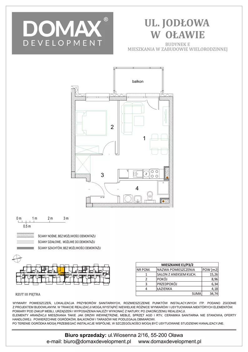 2 pokoje, mieszkanie 34,74 m², piętro 3, oferta nr E1/P3/2, Osiedle Jodłowa etap III budynek E, Oława, ul. Jodłowa 42-44