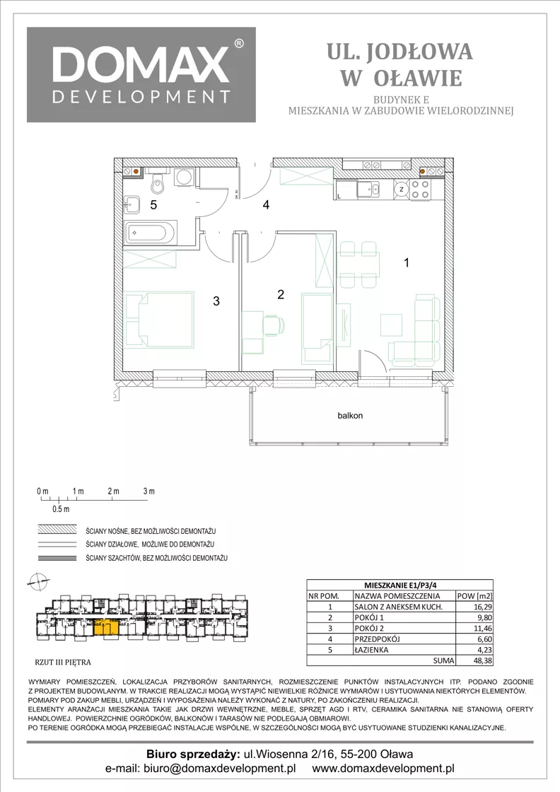3 pokoje, mieszkanie 48,38 m², piętro 3, oferta nr E1/P3/4, Osiedle Jodłowa etap III budynek E, Oława, ul. Jodłowa 42-44