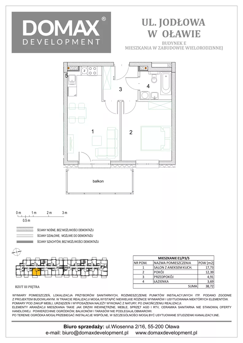2 pokoje, mieszkanie 38,72 m², piętro 3, oferta nr E1/P3/5, Osiedle Jodłowa etap III budynek E, Oława, ul. Jodłowa 42-44