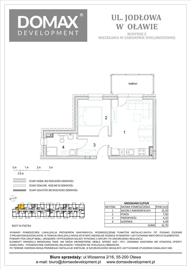 2 pokoje, mieszkanie 31,75 m², piętro 3, oferta nr E1/P3/8, Osiedle Jodłowa etap III budynek E, Oława, ul. Jodłowa 42-44