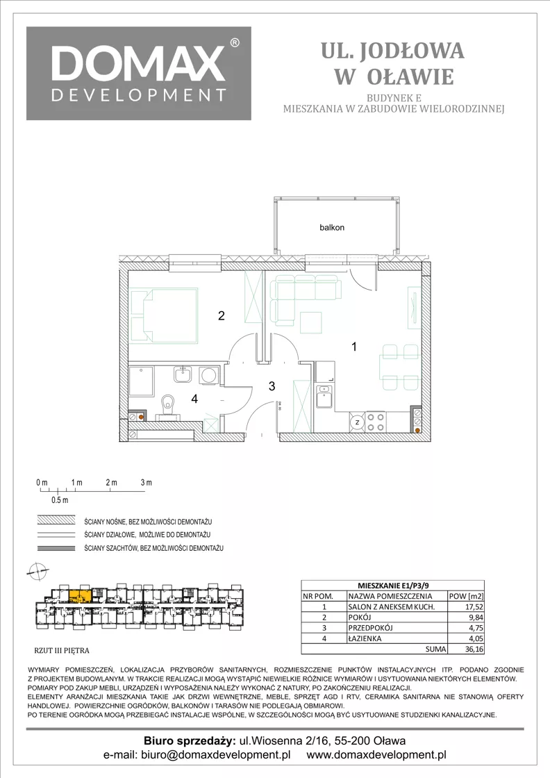 2 pokoje, mieszkanie 36,16 m², piętro 3, oferta nr E1/P3/9, Osiedle Jodłowa etap III budynek E, Oława, ul. Jodłowa 42-44