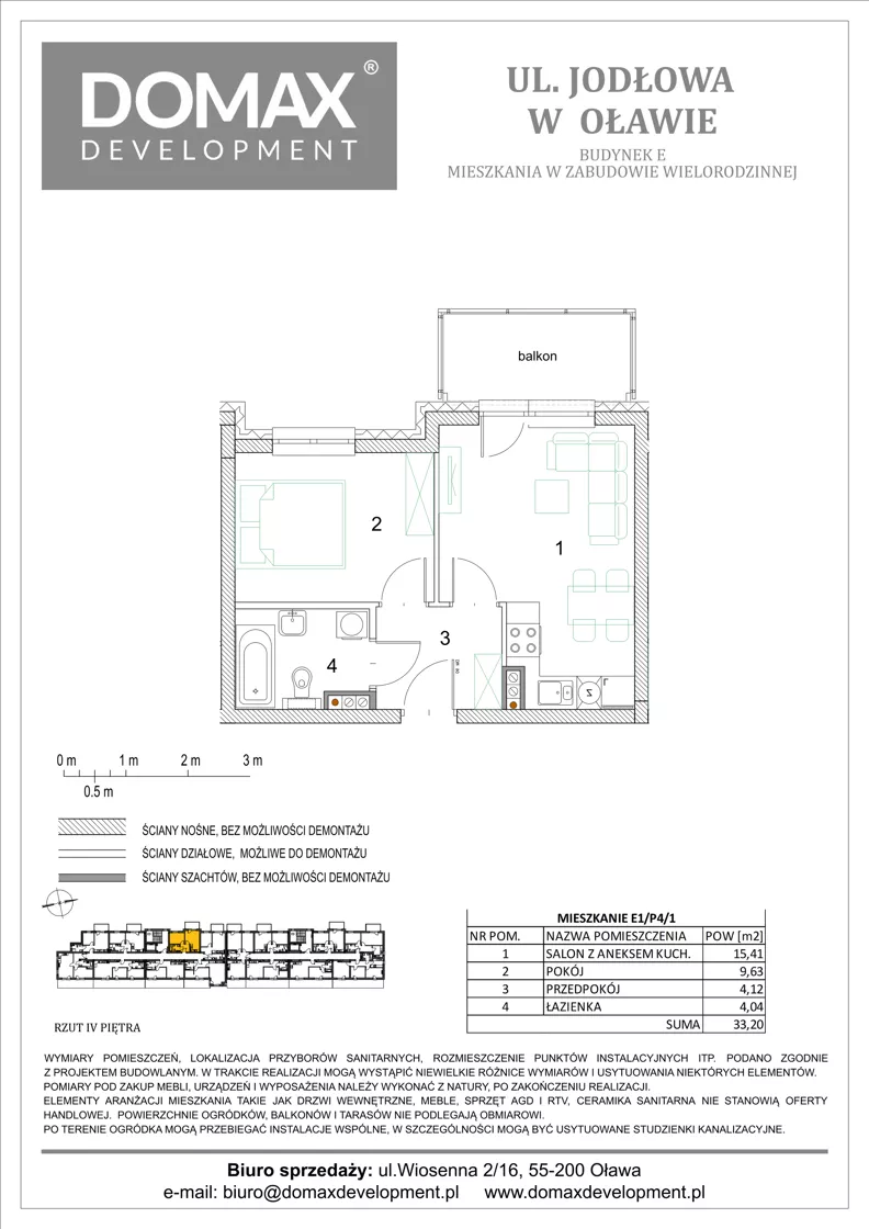 2 pokoje, mieszkanie 33,20 m², piętro 4, oferta nr E1/P4/1, Osiedle Jodłowa etap III budynek E, Oława, ul. Jodłowa 42-44