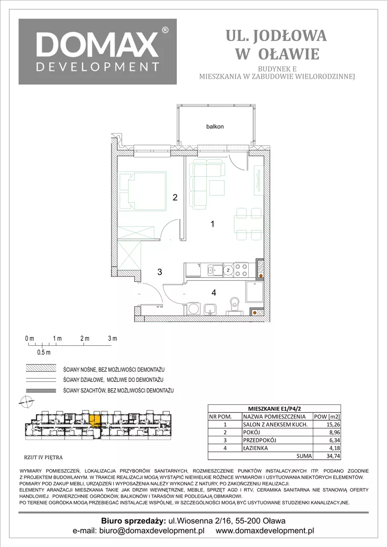 2 pokoje, mieszkanie 34,74 m², piętro 4, oferta nr E1/P4/2, Osiedle Jodłowa etap III budynek E, Oława, ul. Jodłowa 42-44