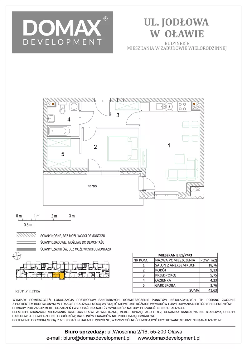 2 pokoje, mieszkanie 41,63 m², piętro 4, oferta nr E1/P4/3, Osiedle Jodłowa etap III budynek E, Oława, ul. Jodłowa 42-44