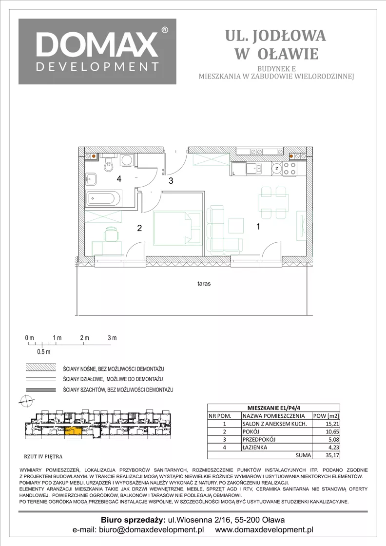 2 pokoje, mieszkanie 35,17 m², piętro 4, oferta nr E1/P4/4, Osiedle Jodłowa etap III budynek E, Oława, ul. Jodłowa 42-44