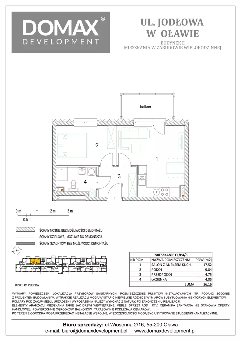 2 pokoje, mieszkanie 36,16 m², piętro 4, oferta nr E1/P4/8, Osiedle Jodłowa etap III budynek E, Oława, ul. Jodłowa 42-44