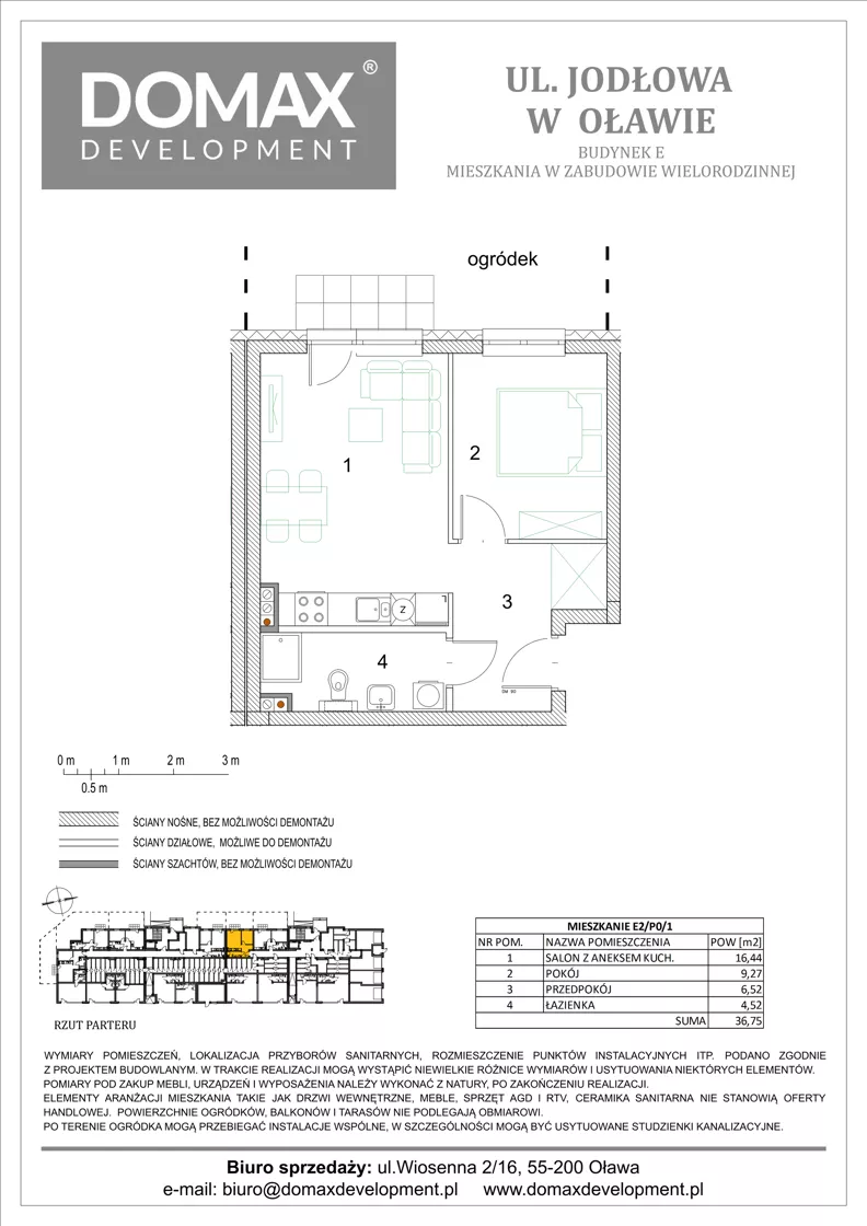 2 pokoje, mieszkanie 36,75 m², parter, oferta nr E2/P0/1, Osiedle Jodłowa etap III budynek E, Oława, ul. Jodłowa 42-44