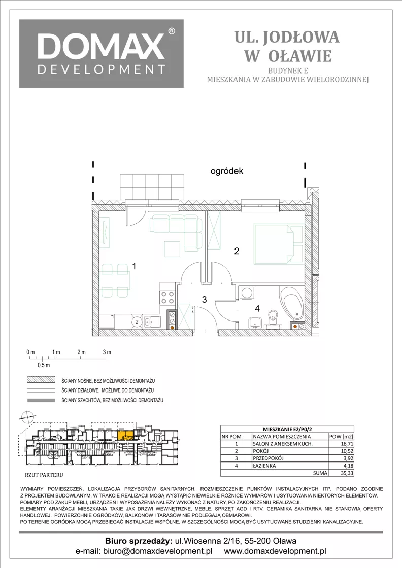2 pokoje, mieszkanie 35,33 m², parter, oferta nr E2/P0/2, Osiedle Jodłowa etap III budynek E, Oława, ul. Jodłowa 42-44