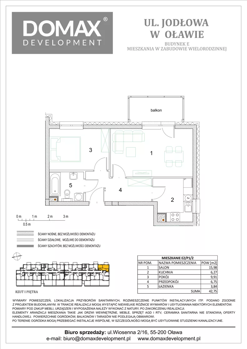 2 pokoje, mieszkanie 42,75 m², piętro 1, oferta nr E2/P1/2, Osiedle Jodłowa etap III budynek E, Oława, ul. Jodłowa 42-44