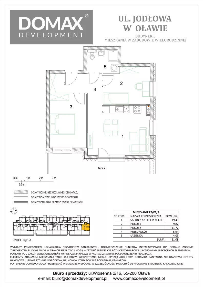 3 pokoje, mieszkanie 51,08 m², piętro 1, oferta nr E2/P1/3, Osiedle Jodłowa etap III budynek E, Oława, ul. Jodłowa 42-44