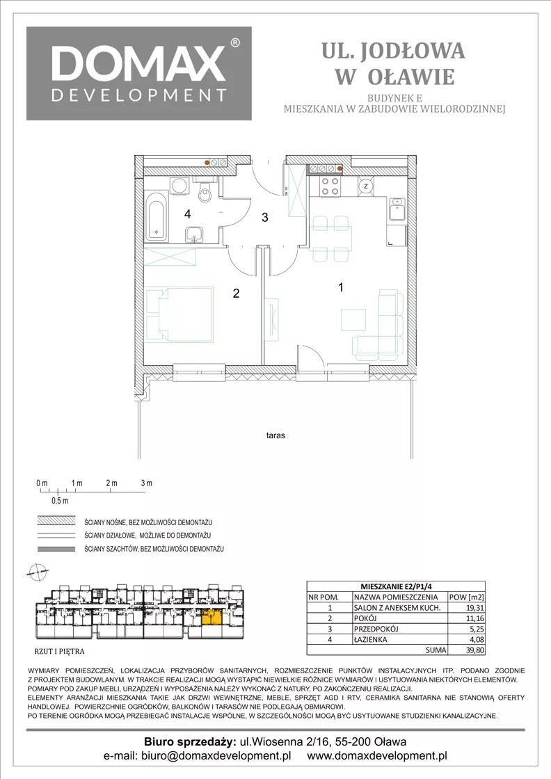 2 pokoje, mieszkanie 39,80 m², piętro 1, oferta nr E2/P1/4, Osiedle Jodłowa etap III budynek E, Oława, ul. Jodłowa 42-44