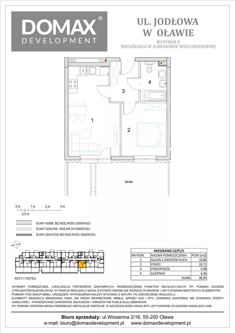2 pokoje, mieszkanie 38,95 m², piętro 1, oferta nr E2/P1/5, Osiedle Jodłowa etap III budynek E, Oława, ul. Jodłowa 42-44