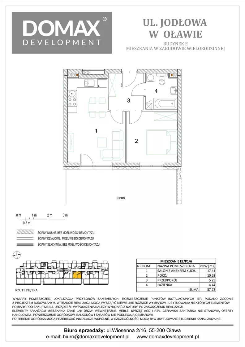 2 pokoje, mieszkanie 37,73 m², piętro 1, oferta nr E2/P1/6, Osiedle Jodłowa etap III budynek E, Oława, ul. Jodłowa 42-44