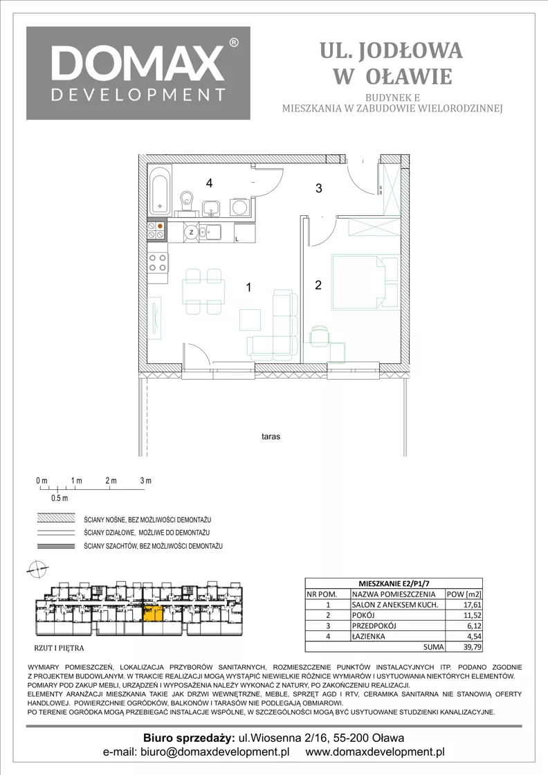 2 pokoje, mieszkanie 39,79 m², piętro 1, oferta nr E2/P1/7, Osiedle Jodłowa etap III budynek E, Oława, ul. Jodłowa 42-44