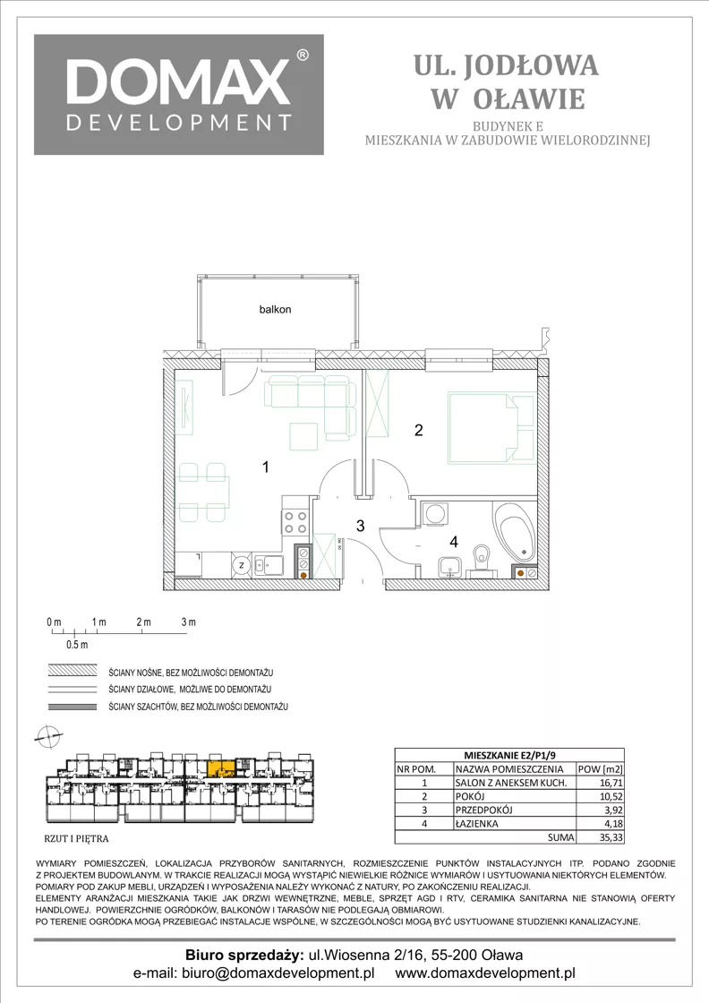 2 pokoje, mieszkanie 35,33 m², piętro 1, oferta nr E2/P1/9, Osiedle Jodłowa etap III budynek E, Oława, ul. Jodłowa 42-44