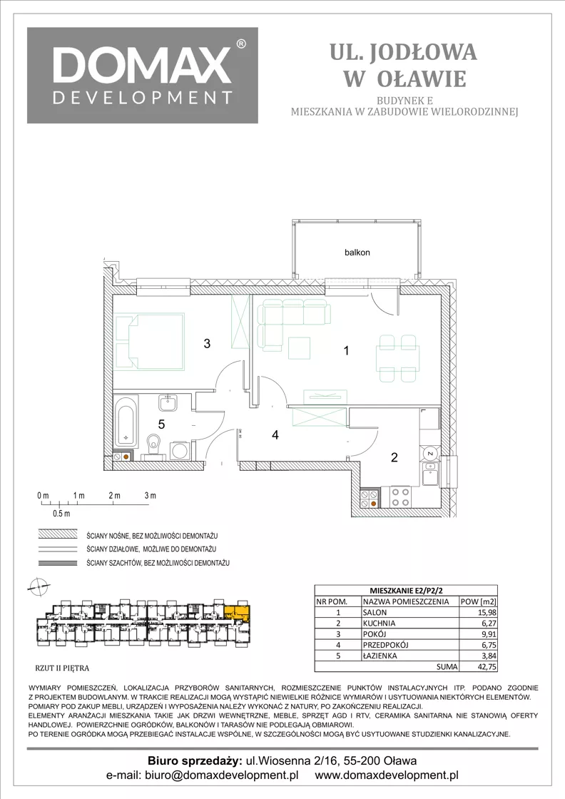 2 pokoje, mieszkanie 42,75 m², piętro 2, oferta nr E2/P2/2, Osiedle Jodłowa etap III budynek E, Oława, ul. Jodłowa 42-44