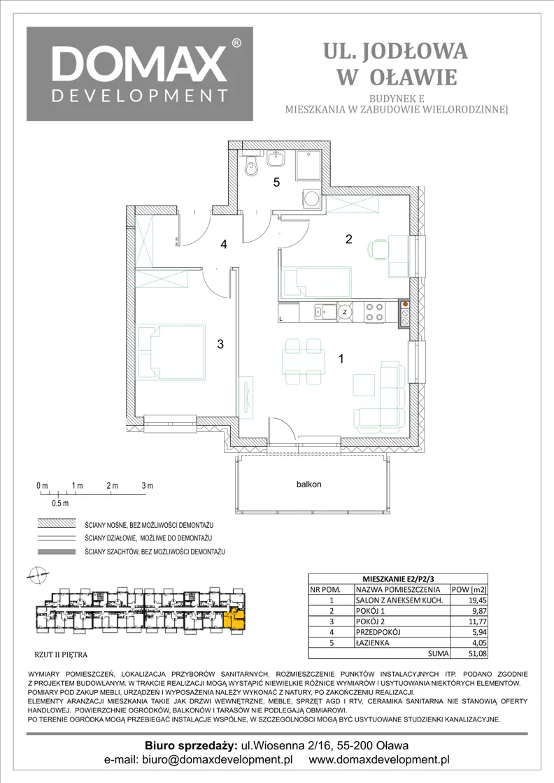 3 pokoje, mieszkanie 51,08 m², piętro 2, oferta nr E2/P2/3, Osiedle Jodłowa etap III budynek E, Oława, ul. Jodłowa 42-44