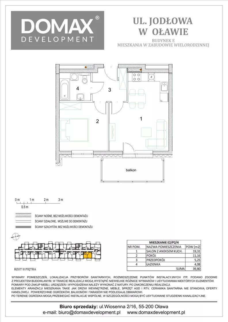 2 pokoje, mieszkanie 39,80 m², piętro 2, oferta nr E2/P2/4, Osiedle Jodłowa etap III budynek E, Oława, ul. Jodłowa 42-44