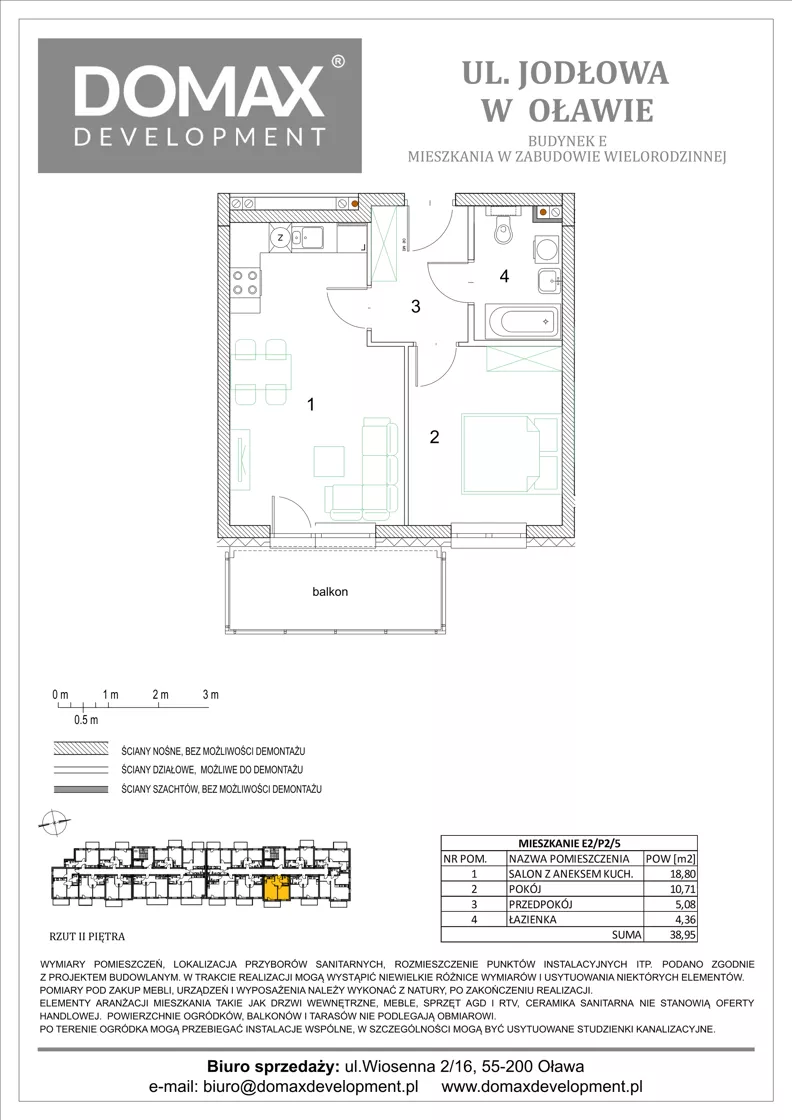2 pokoje, mieszkanie 38,95 m², piętro 2, oferta nr E2/P2/5, Osiedle Jodłowa etap III budynek E, Oława, ul. Jodłowa 42-44