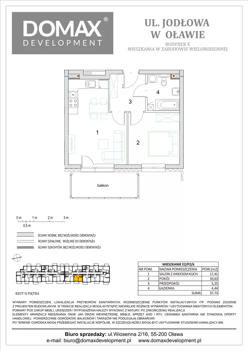 2 pokoje, mieszkanie 37,73 m², piętro 2, oferta nr E2/P2/6, Osiedle Jodłowa etap III budynek E, Oława, ul. Jodłowa 42-44
