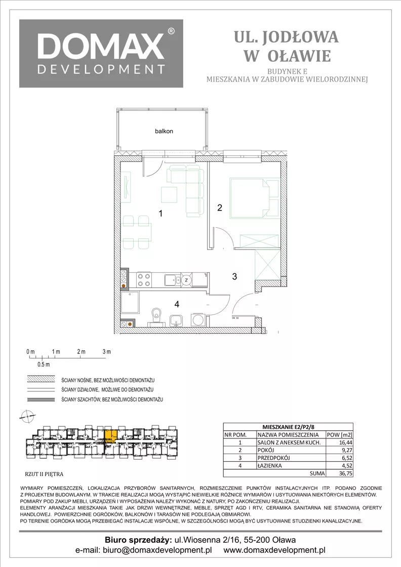 2 pokoje, mieszkanie 36,75 m², piętro 2, oferta nr E2/P2/8, Osiedle Jodłowa etap III budynek E, Oława, ul. Jodłowa 42-44
